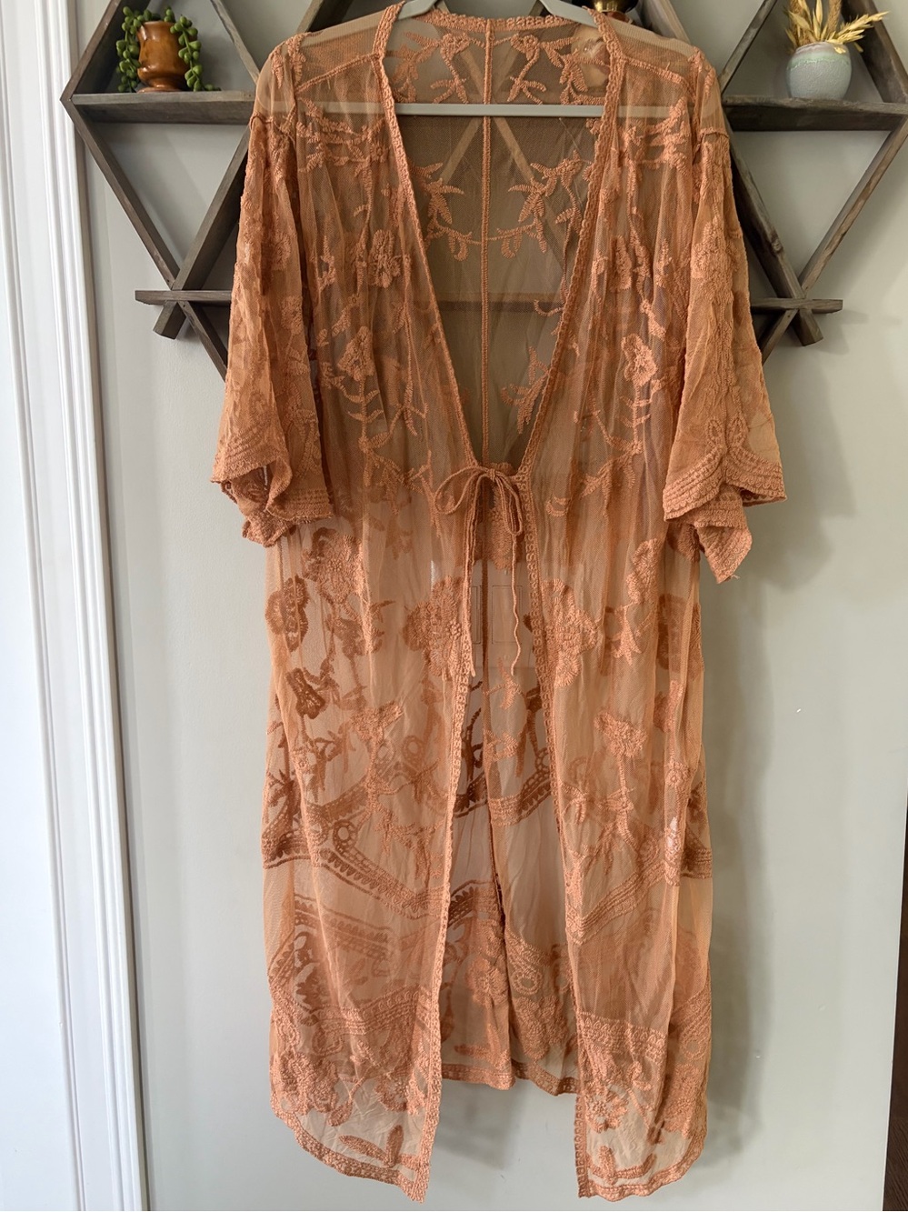 Light Brown Boho Floral Lace Kimono Beach Coverup Duster. Size L/XL